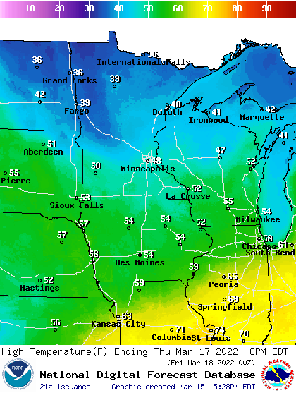 Forecast high temperatures Thursday