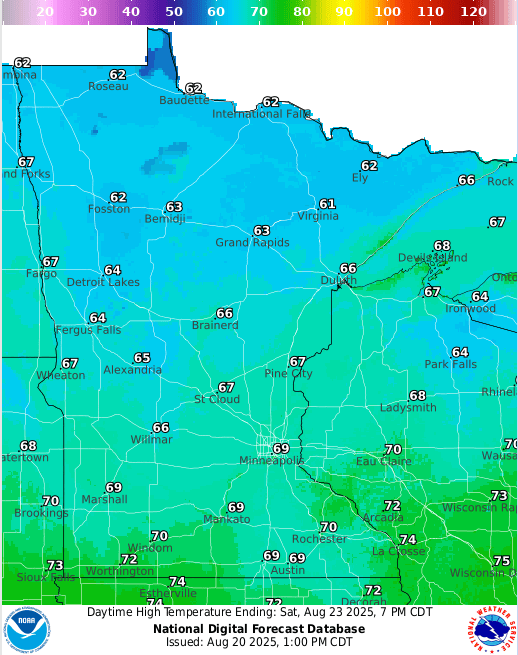 Forecast high temperatures Saturday