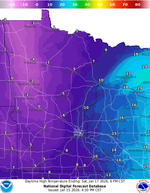 Forecast high temperatures Saturday
