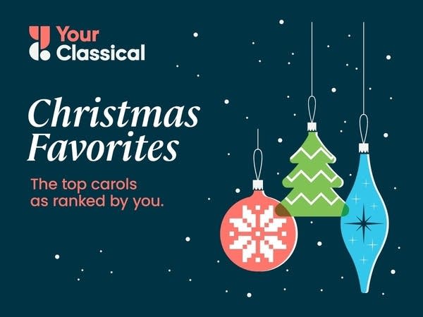 Poster Graphic with ornaments and text Christmas Favorites: The top carols as ranked by you.