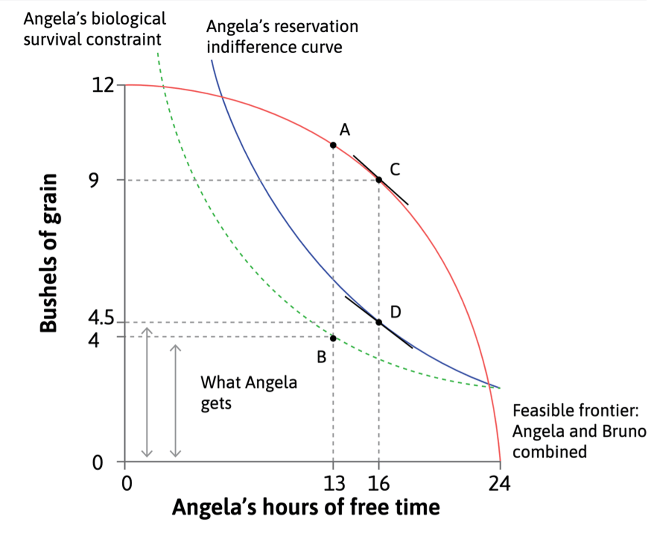The same chart shown above, now with a new indifference curve for Angela, accounting for her government-provided subsistence rations. By working eight hours, her economic rent is another two bushels. She gets three hours more free time and Bruno gets a bit less grain.