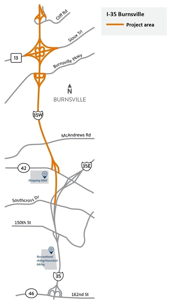 A map of Interstate 35W. Construction areas are highlighted in orange.
