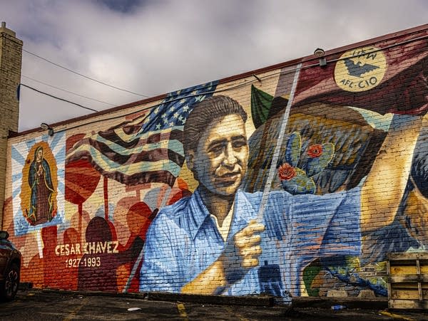 A mural of labor leader Cesar Chavez is seen 