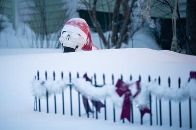 A skeleton is covered in snow.
