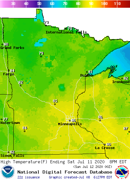 Forecast high temperatures Saturday