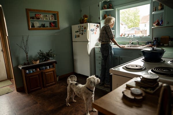 A woman stands by the sink in a kitchen and looks at the window as her dog stands next to her.