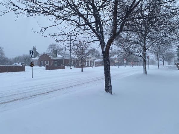 Morning shot of a street covered in snow.