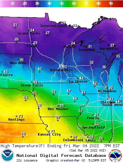 Forecast high temperatures Saturday
