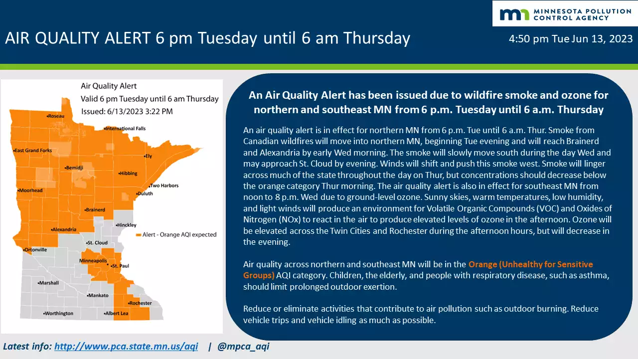 Air quality alert into Thursday; elevated wildfire risk for eastern MN