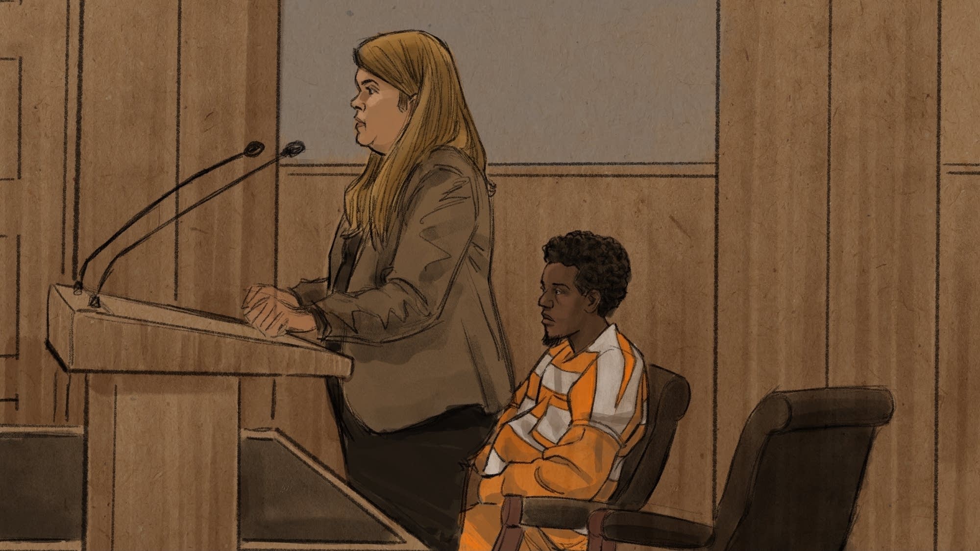 Assistant U.S. Attorney Rebecca Kline (left) speaks to U.S. District Judge Nancy Brasel (not shown) on Wednesday during the sentencing of Salim Said (right), the co-owner of the former Safari Restaurant in Minneapolis and a major player in the Feeding Our Future fraud scheme. Illustration by Cedric Hohnstadt
