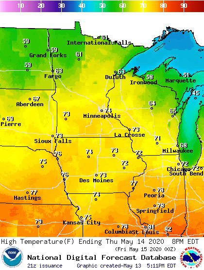 Forecast high temperatures Thursday