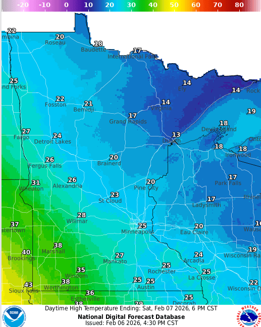 Forecast high temperatures Saturday