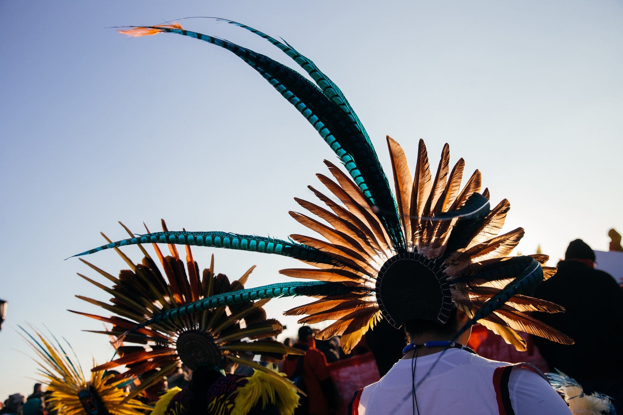 Protesters wear head dresses.