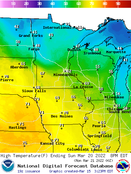 Forecast high temperatures Sunday