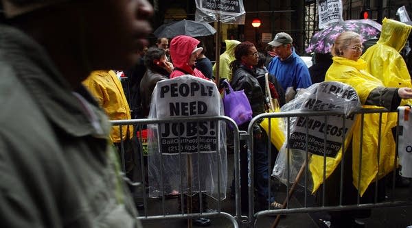 People demonstrate in the financial district on April 3, 2009 in New York, New York.