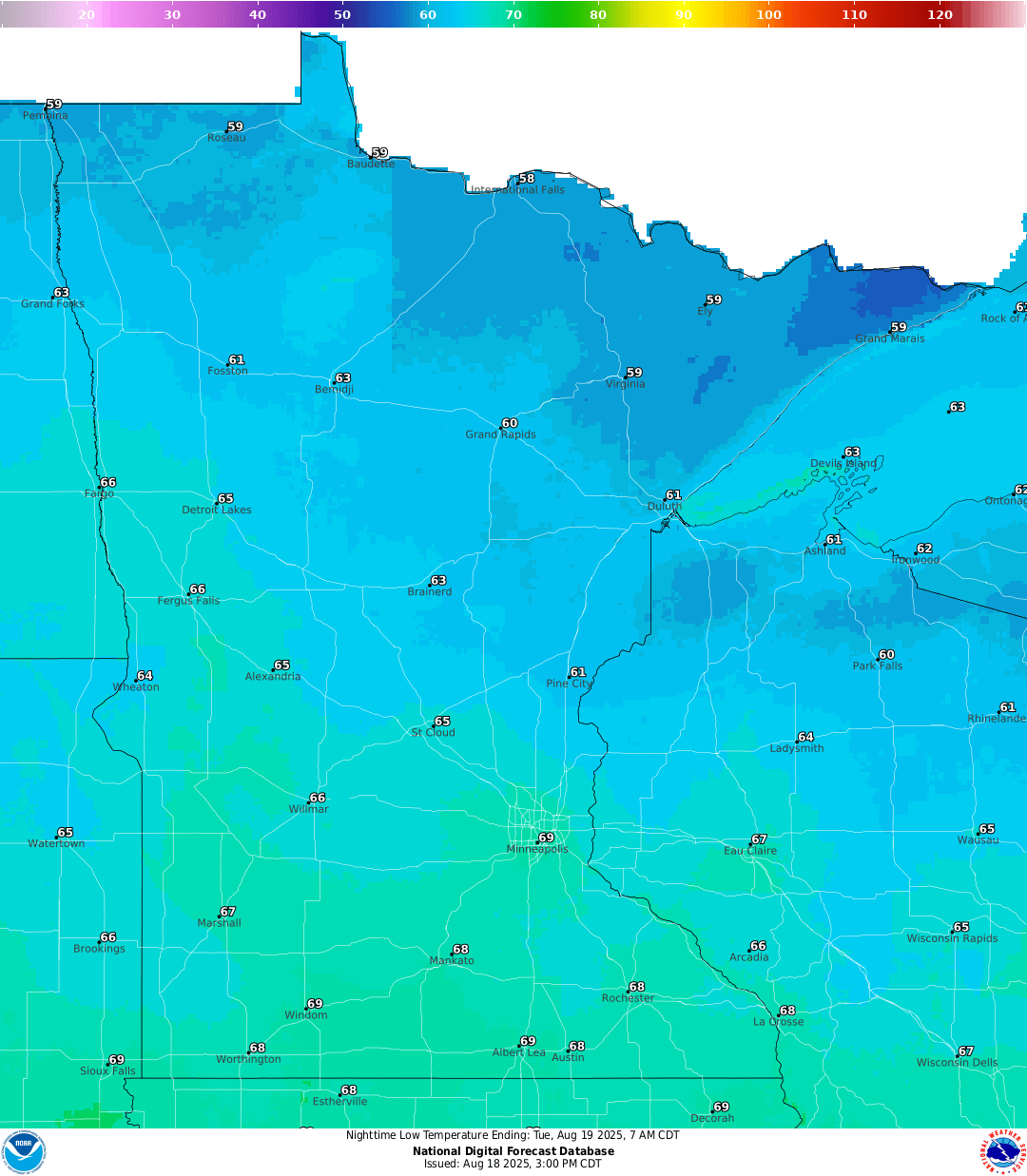 Lows for Monday night