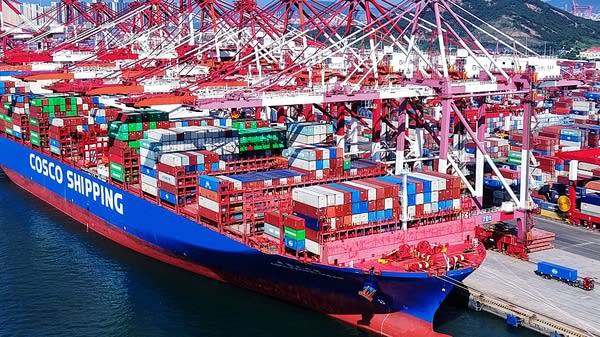 A cargo ship berthed in Qingdao, China. 