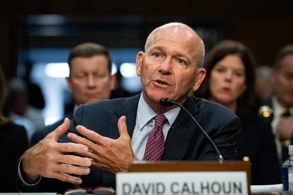 Boeing CEO Dave Calhoun testifies before a subcommittee of the Senate Energy and National Resources Committee on the company's safety culture, following a number of recent incidents on Boeing airplanes, Washington, DC, June 18, 2024.  Families of the victims of Ethiopian Airlines flight 302, a Boeing 737 Max 8 that crashed in 2019, attended the hearing and spoke to reporters earlier in the day. (Photo by Allison Bailey / Middle East Images / Middle East Images via AFP) (Photo by ALLISON BAILEY/Middle East Images/AFP via Getty Images)