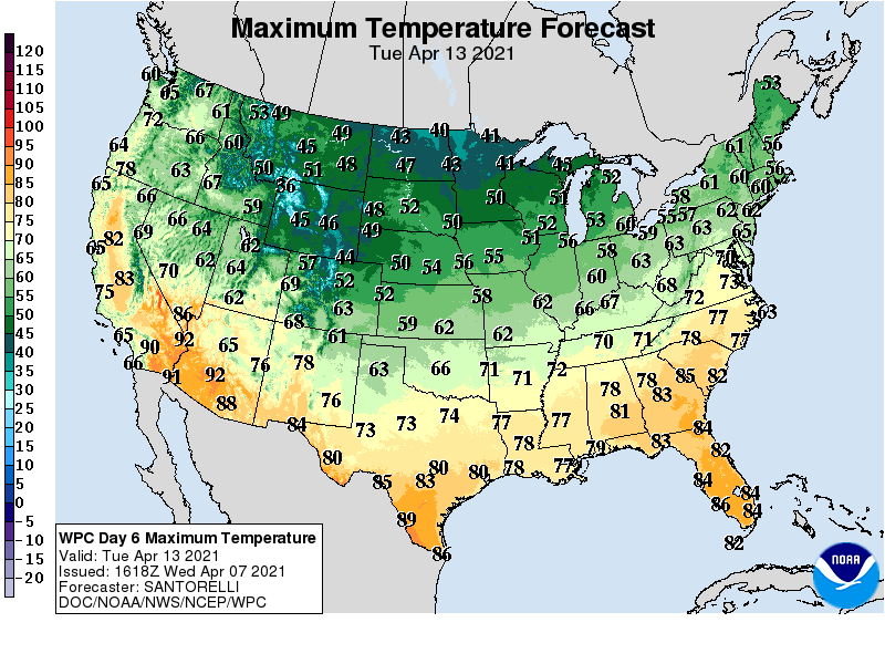 Forecast high temperatures Wednesday, April 14