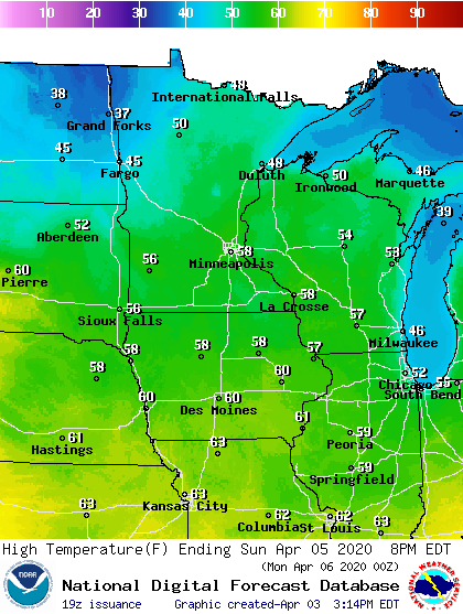 Forecast high temperatures Sunday
