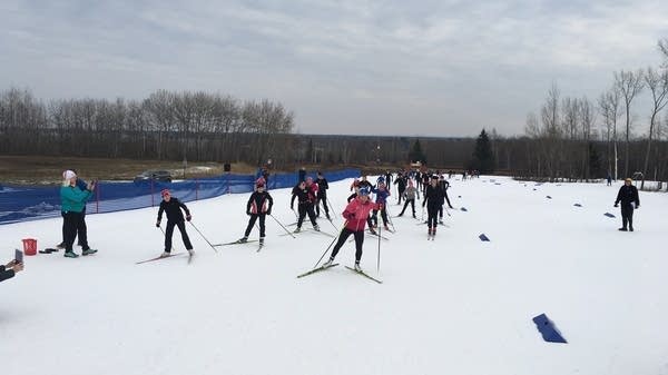 A group of people ski in Duluth.