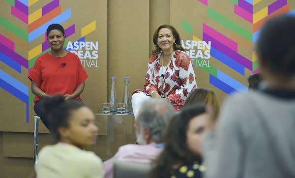 Alondra Nelson and Michele Norris listen to an audience question at AIF.