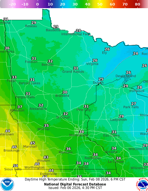 Forecast high temperatures Sunday 