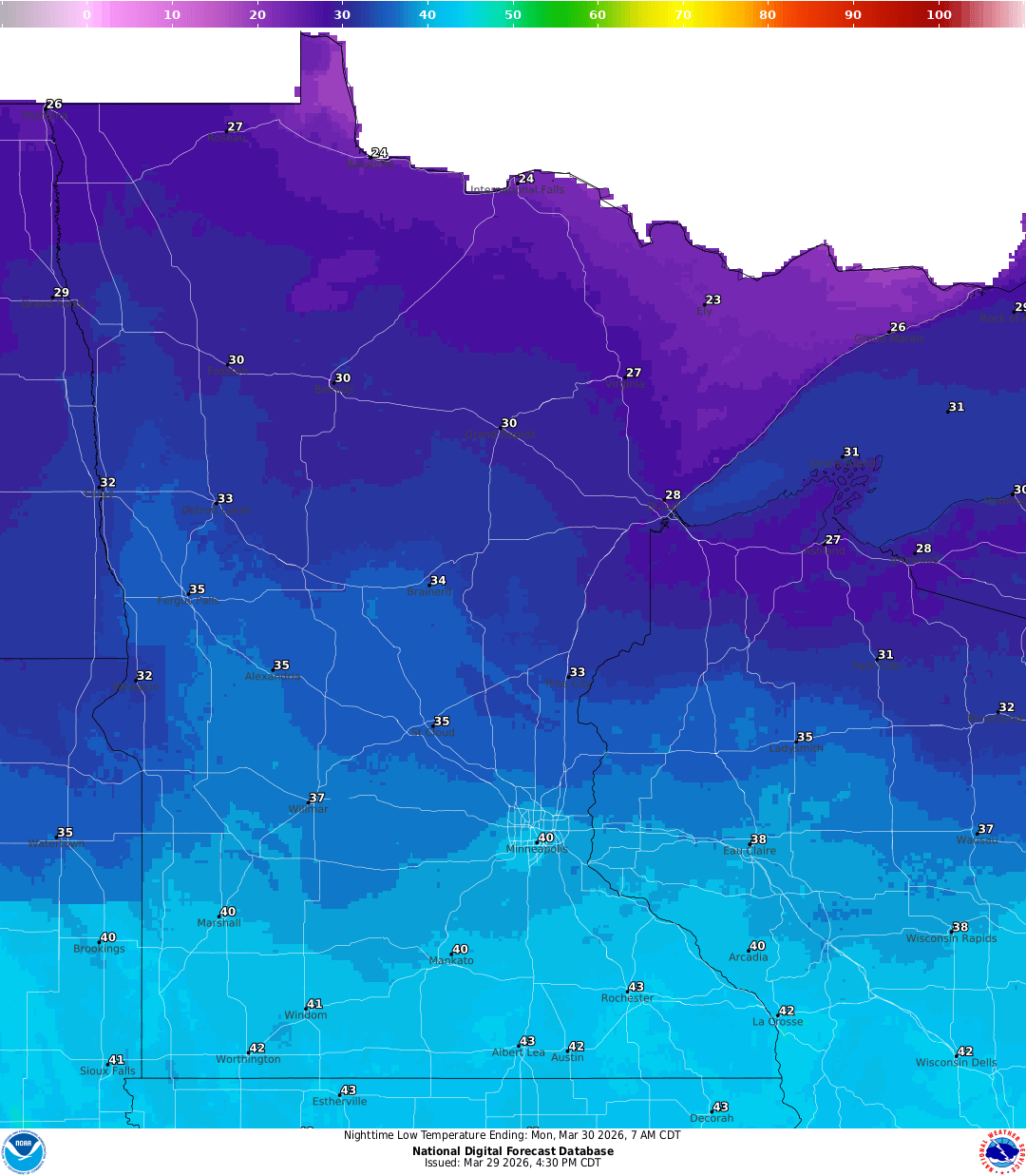 Lows for Sunday night