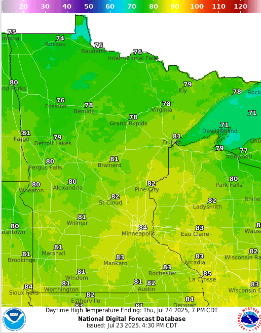 Forecast high temperatures Thursday