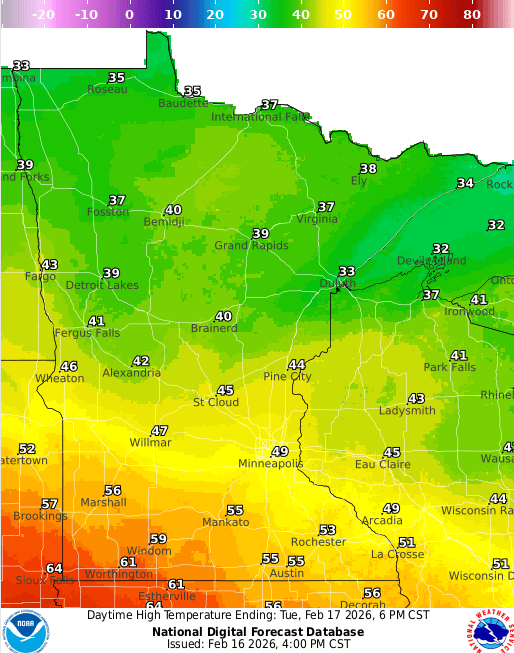 Forecast high temperatures Tuesday