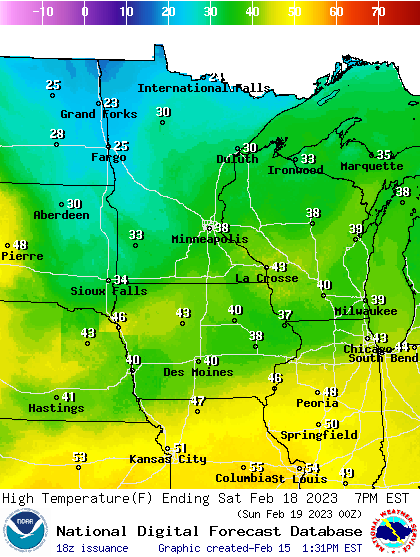 Forecast high temperatures Saturday 2