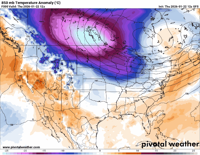 850 millibar temperature anomalies for Thursday morning through Saturday morning