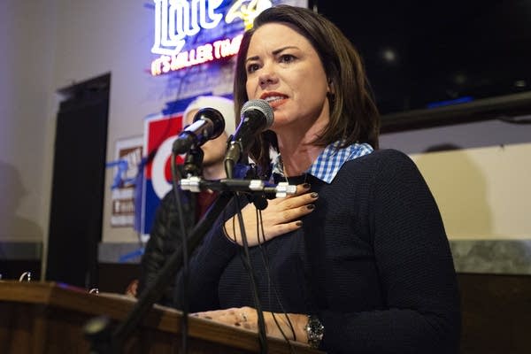 Angie Craig gives a speech after defeating Jason Lewis.