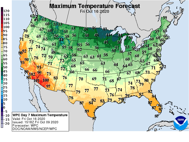 Forecast high temperatures Friday, October 16