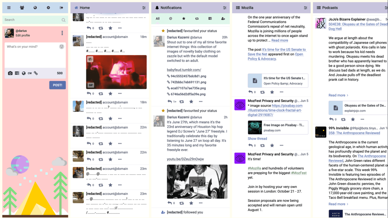 A desktop view of Darius Kazemi's Friend Camp social network.