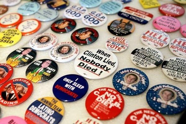 A souvenir stand with political buttons for sale