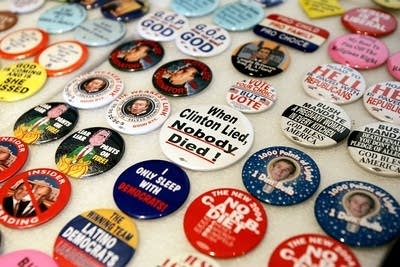A souvenir stand with political buttons for sale