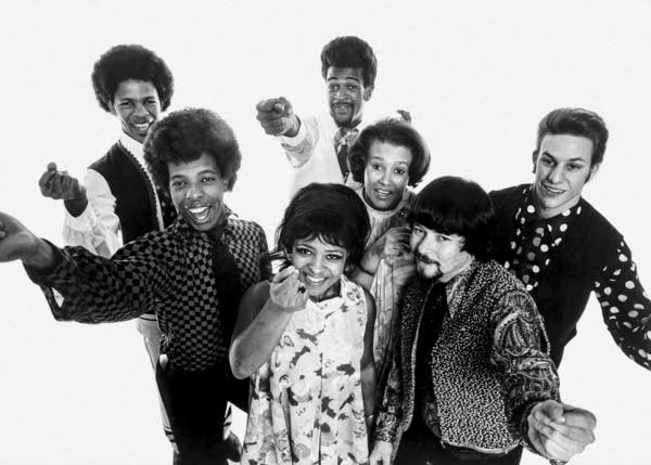 Sly and the Family Stone in 1968. From left to right: Freddie Stone, Sly Stone, Rose Stone, Larry Graham, Cynthia Robinson, Jerry Martini and Greg Errico.