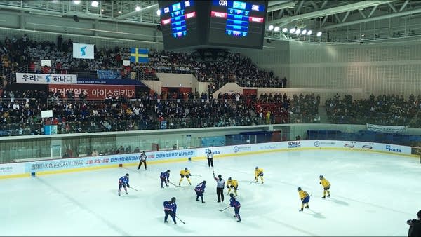 A large crowd watches two teams play hockey.