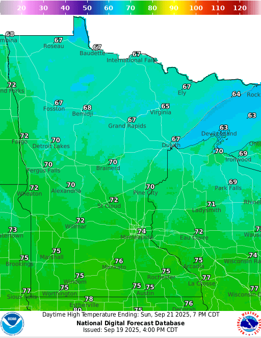 Forecast high temperatures Sunday 