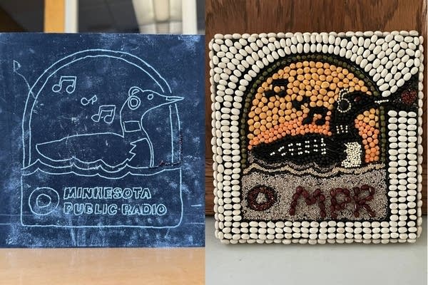 Side-by-side of crop art with a loon listening to music. On the left, a bare sketch. On the right, the finished piece.