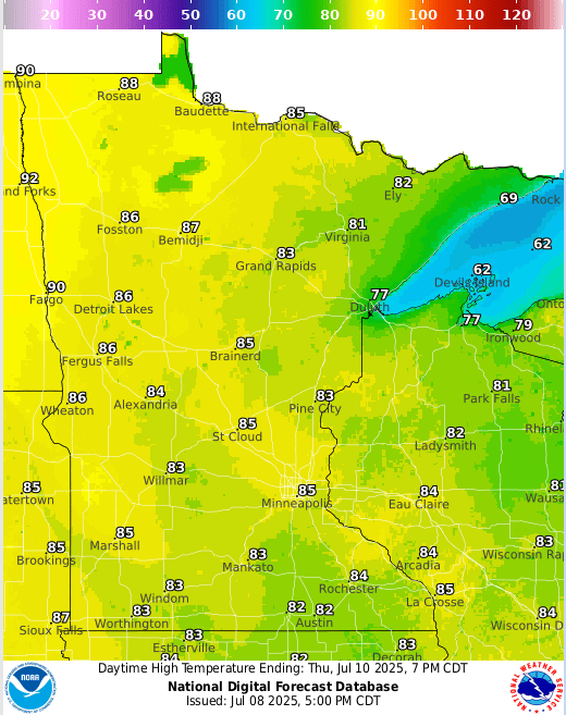 Forecast high temperatures Thursday