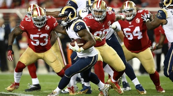 Todd Gurley #30 of the Los Angeles Rams rushes against the San Francisco 49ers during their NFL game at Levi's Stadium on Monday in Santa Clara, California.
