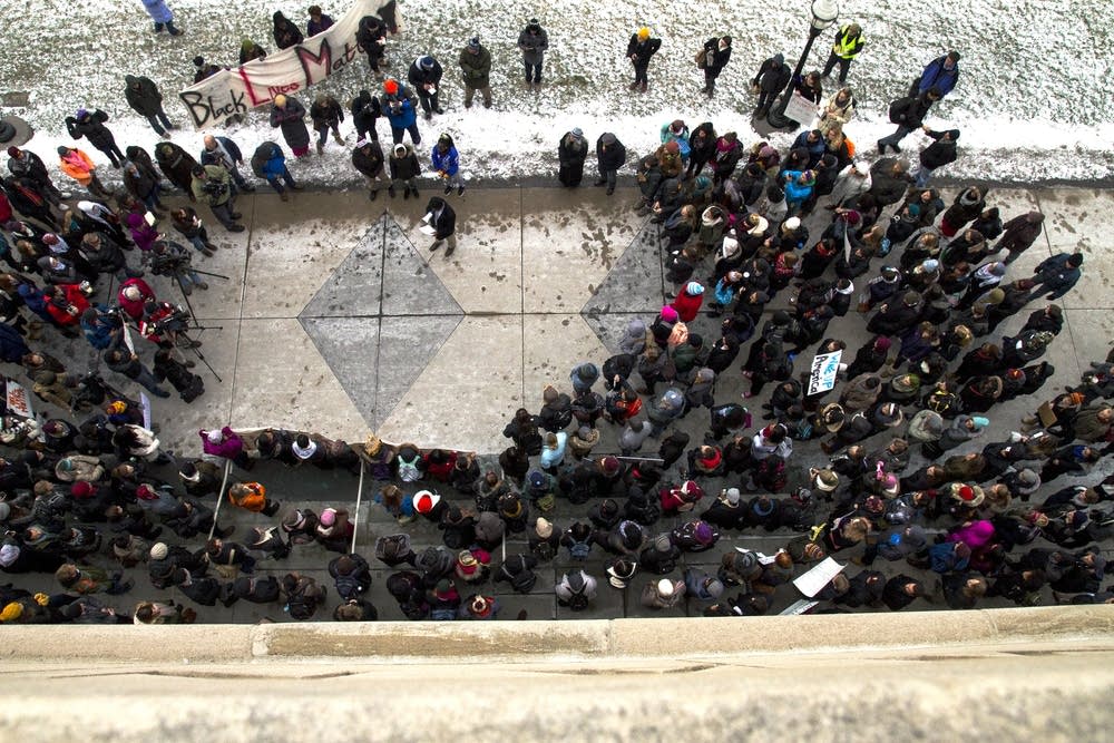 Students gathering in front of Coffman Union