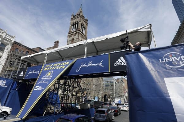 A worker prepared for the 2015 Boston Marathon
