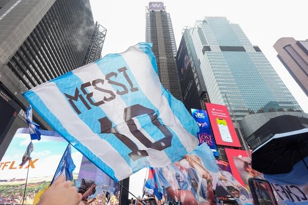A crowd of World Cup fans holds a flag designed after Messi's jersey.