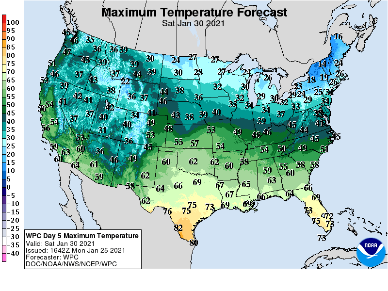 Forecast high temperatures Saturday