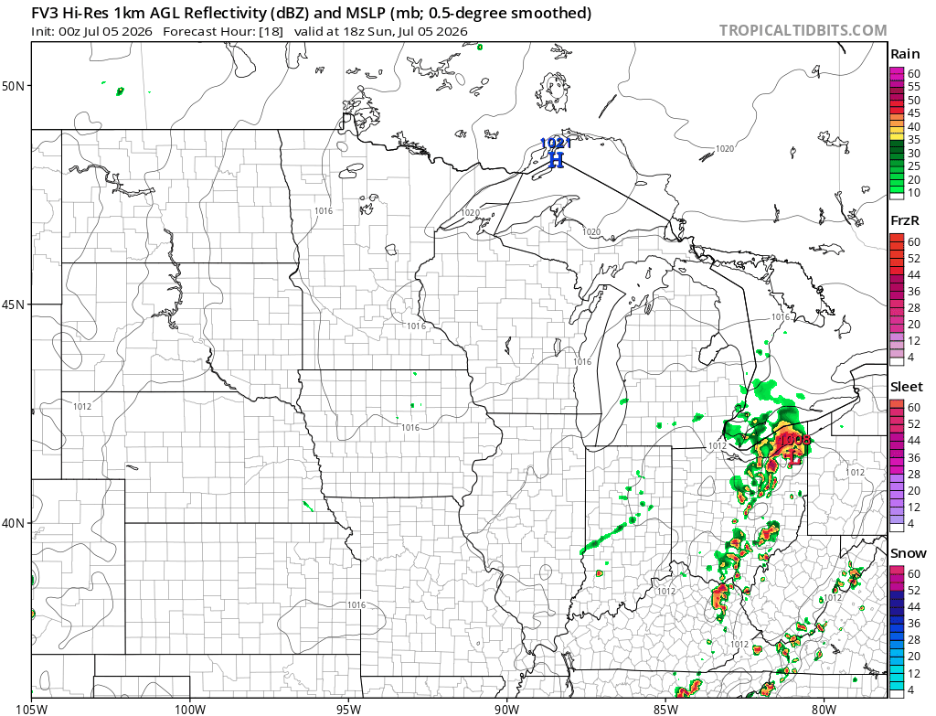 Forecast precipitation Sunday 1 p.m. to 7 p.m.