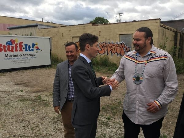 Minneapolis Mayor Jacob Frey and Sam Strong of the Red Lake Nation