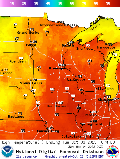 Forecast high temperatures Tuesday
